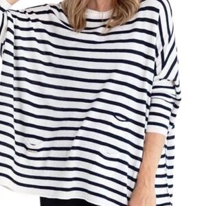 Mersea Womens OS Oversized Striped Crew Neck Sweater Sand White Side Slit Knit